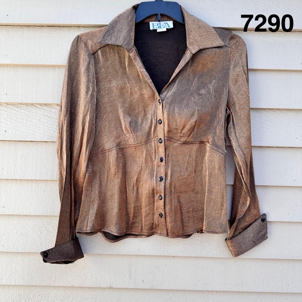BFA Classics Womens Metallic Bronze Button Down Blouse Long Sleeve Size 10 1813